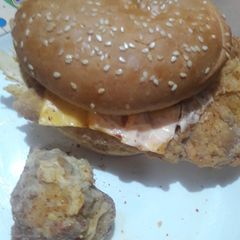 A picture of Zinger burger with fries.