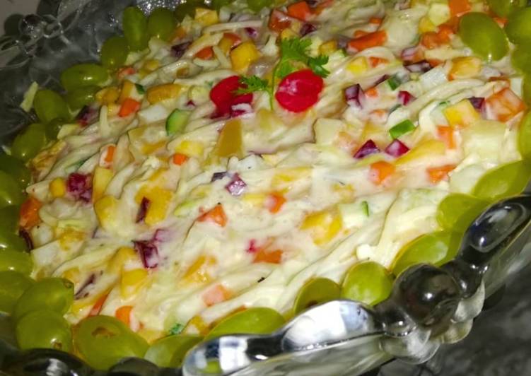 Recipe of Quick Rangoli fruit salad 🥭🍑🍒🥕🥔🥒