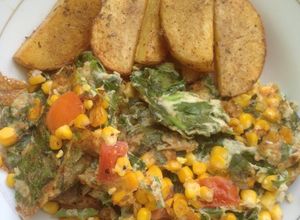 Foto resep Spinach omelette with ext.corn and tomatoes (Diet mayo H+1)