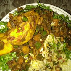 A picture of White rce with veggies and awara!.