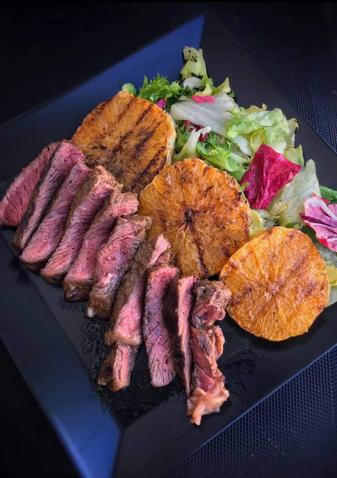 Стейк Рібай в апельсиновому маринаді та апельсином гриль🍊🥬🥩