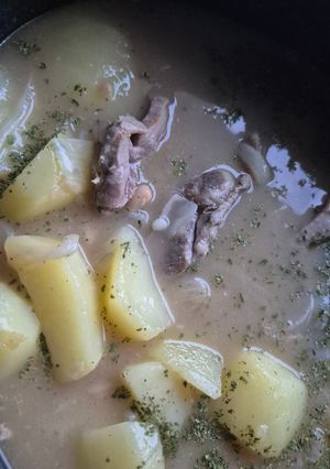 A picture of Lamb or Mutton Stew in a Dutch Oven.