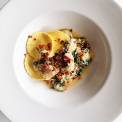 A picture of Pumpkin ravioli with a spinach sauce.