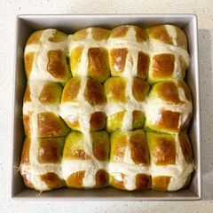 A picture of Matcha hot cross buns with with adzuki filling (sweet red bean paste).
