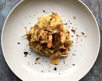 Update, Serving Recipe Fresh pappardelle with artichokes and prawns Delicious Steady