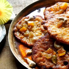 Sweet Cottage Cheese and Mango Leather Pancakes (Chhanar Malpua) A picture of Sweet Cottage Cheese and Mango Leather Pancakes (Chhanar Malpua).