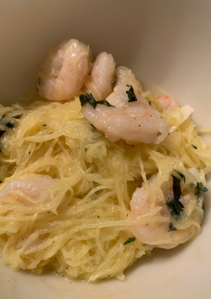 A picture of Spaghetti Squash and Shrimp.