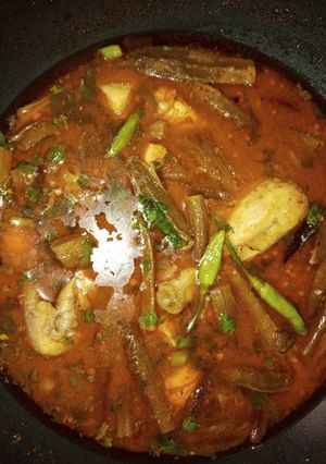 A picture of Chicken bhindi gravy.