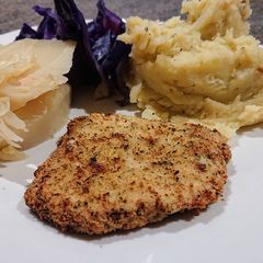 A picture of Herb-Crusted Pork With Apple Mash.