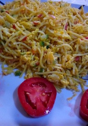 A picture of Spiced egg in spaghetti #noodlesrecipecontest.