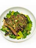 Grilled Lamb Steak with Pistachios, Charred Leeks, and Roasted Shallot Vinaigrette