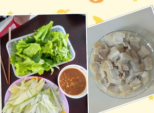 Hình của món Bánh tráng cuốn thịt heo chấm mắm nêm.