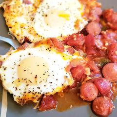 Shakshuka with hot dogs A picture of Shakshuka with hot dogs.