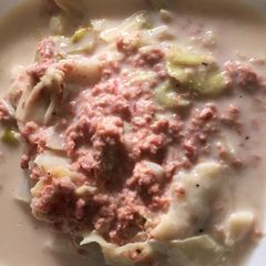 A picture of Corn beef and cabbage soup.