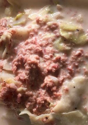 A picture of Corn beef and cabbage soup.