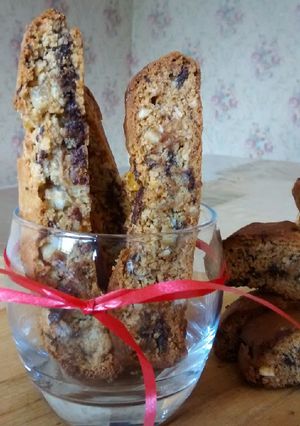 A picture of Candied peels dark choc almond & coconut Biscotti (without eggs).