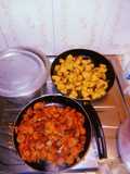 Pan fried potatoes and sausages