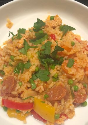 A picture of Chicken & chorizo paella.