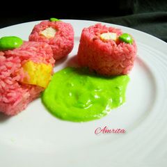 A picture of Beetroot fried rice with Buttery Tofu.