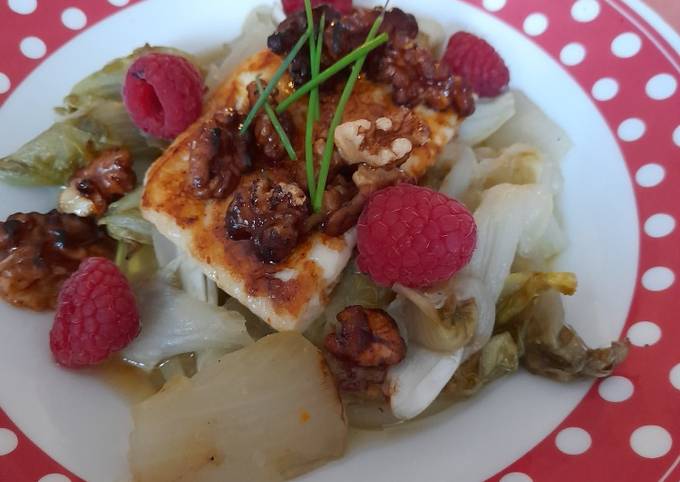 Steps to Make Homemade 10 min veggie lunch: chicory with baked cheese and walnuts