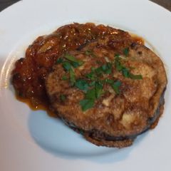 A picture of Fried Eggplant with Spanish Tomato Sauce.