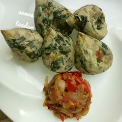 Spinach moi moi A picture of Spinach moi moi.