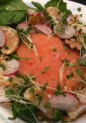 A picture of Smoked salmon, watercress and walnut salad.