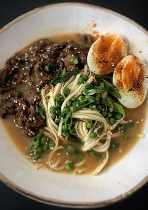 A picture of Miso butter mushrooms udon.