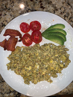 A picture of Scrambled Eggs with Jalapeño Popper Stuffing.