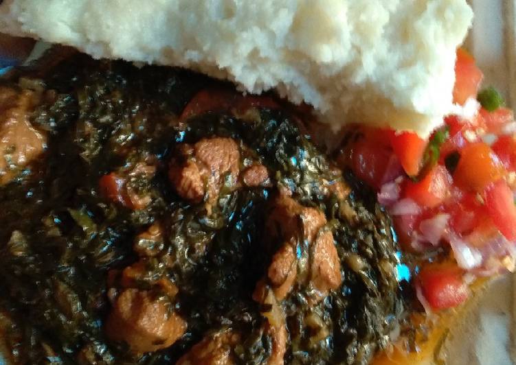 Ugali and spinachsukumawiki and beef