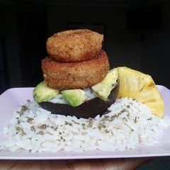 A picture of Dredged sweet potatoes (SP), infused rice, Avo & Pine slices.