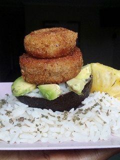 A picture of Dredged sweet potatoes (SP), infused rice, Avo & Pine slices.