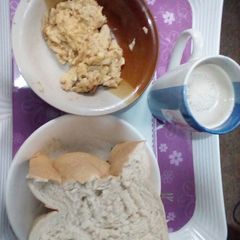 A picture of Bread, omelette and Coffee Drink.