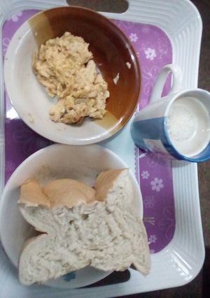 A picture of Bread, omelette and Coffee Drink.