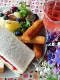 Healthy Breakfast ~ Homemade Two-Color Jam Sandwich + Fruit and Lettuce Salad + Crispy Cod Sticks + Cranberry Sparkling Water