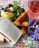 Healthy Breakfast ~ Homemade Two-Color Jam Sandwich + Fruit and Lettuce Salad + Crispy Cod Sticks + Cranberry Sparkling Water