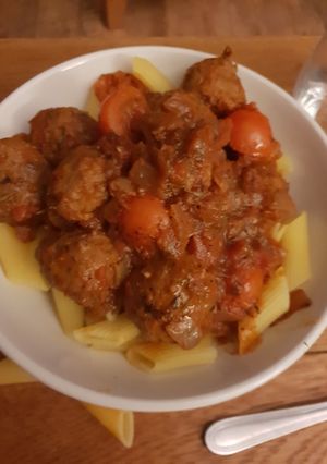 A picture of Penne and Meatballs.