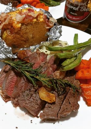 A picture of Steak Night! Sirloin Steak 🥩 w/ sides! 😋.
