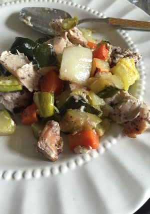 A picture of Baked Chicken and Zucchini.