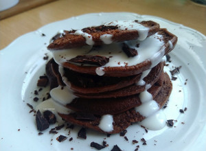 A picture of Keto chocolate pancakes with mascarpone (no flour, no sugar).