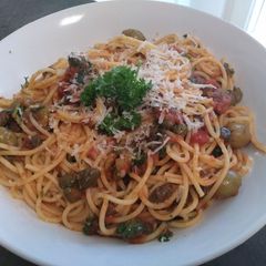 A picture of Spaghetti with Kaper and Anchovy Sauce.