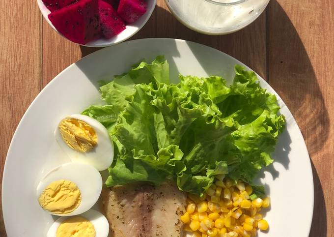 Resep Healthy Diet Food: Dori Panggang + Telur Rebus + Selada Jagung Anti Gagal
