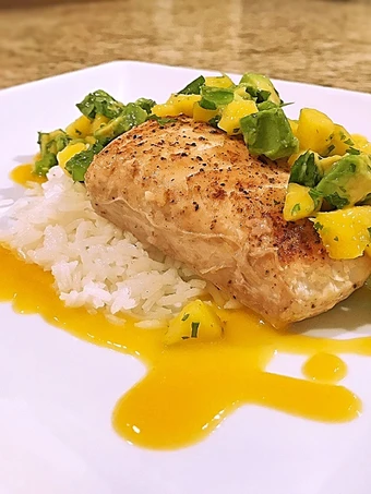 Simple Way Make Recipe Pan seared halibut on coconut rice with mango habanero peach sauce and mango avocado salsa that is So Delicious, Tasty}