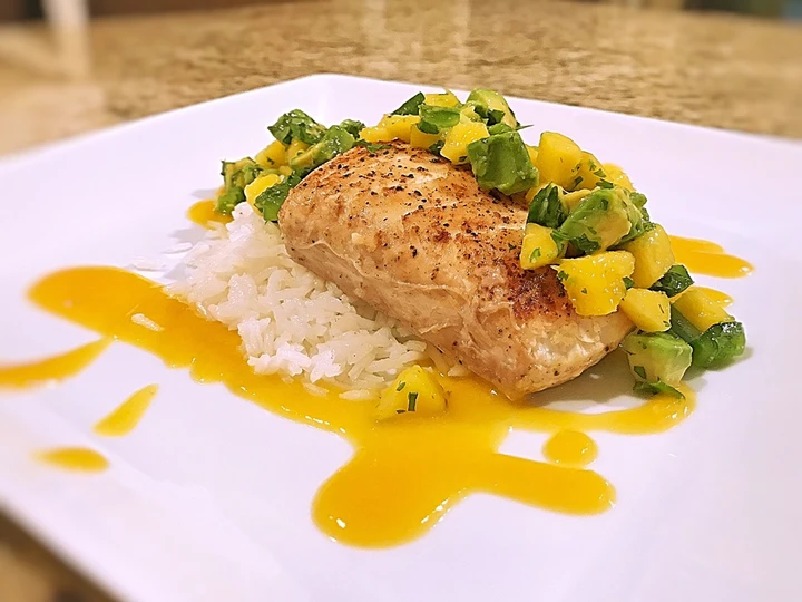 Simple Way Make Recipe Pan seared halibut on coconut rice with mango habanero peach sauce and mango avocado salsa that is So Delicious, Tasty}