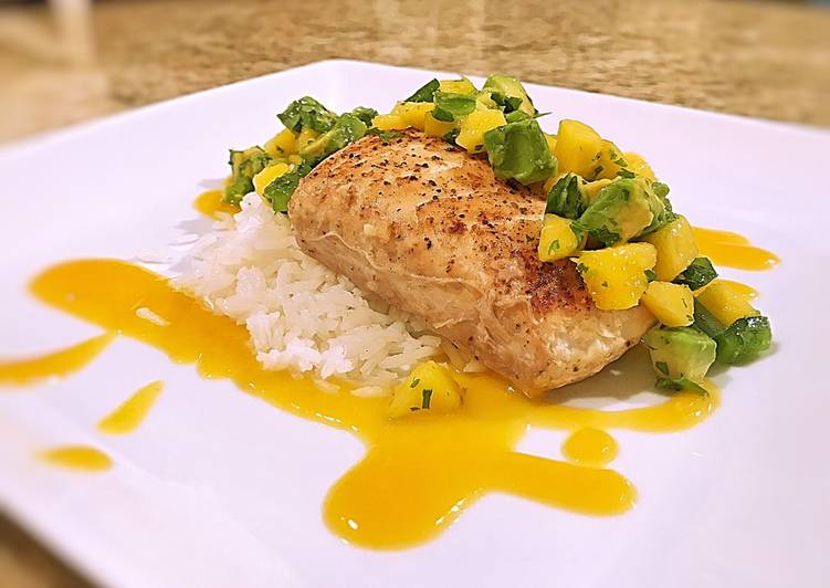 Step-by-Step Guide to Cook Tasty Pan seared halibut on coconut rice with mango habanero peach sauce and mango avocado salsa