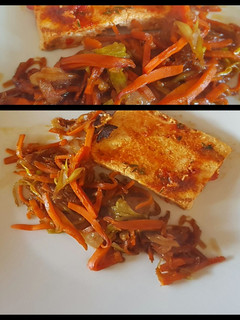 Una foto de Tofu con guarnición de CEBOLLA caramelizada. #Mercado
