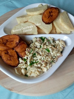 A picture of Fried plantain,yam with scrambled eggs.