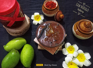 A picture of Raw Mango Vaghariyu / Sweet & Sour Mango Pickle.