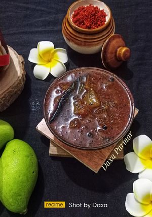 A picture of Raw Mango Vaghariyu / Sweet & Sour Mango Pickle.