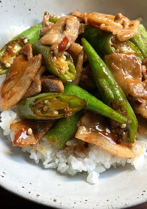 A picture of Okra & Pork Rice Bowl.